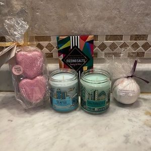 2 BBW candles, 3 bath bombs, 1 pack bath salts